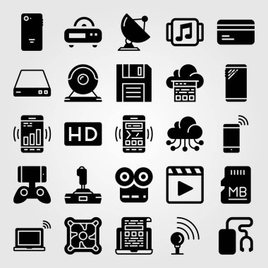 Teknoloji simge vektör ayarlayın. Film oynatıcı, oyun denetleyicisi, dizüstü bilgisayar ve soğutucu