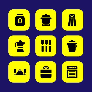Mutfak vektör Icon set. fırın, tuz, tencere ve çatal bıçak takımı
