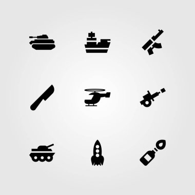 Silah vektör Icon set. Helikopter, roka, Molotof kokteyli ve savaş topu