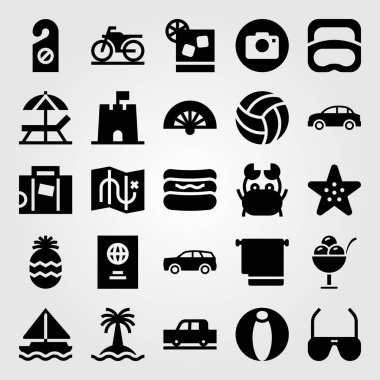 Yaz aylarında vektör Icon set. bavul, pasaport, motosiklet ve harita