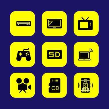Teknoloji vektör Icon set. Gamepad, dvd player, bellek ve video kamera
