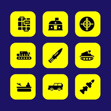 Askeri vektör Icon set. Araba, jeep, amaç ve roket