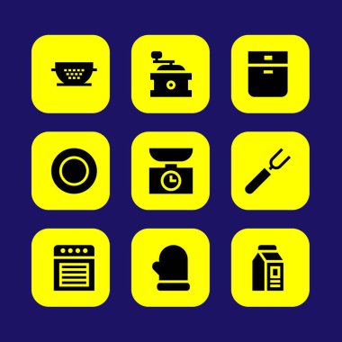 Mutfak vektör Icon set. fırın, çatal, Kahve değirmeni ve mitten