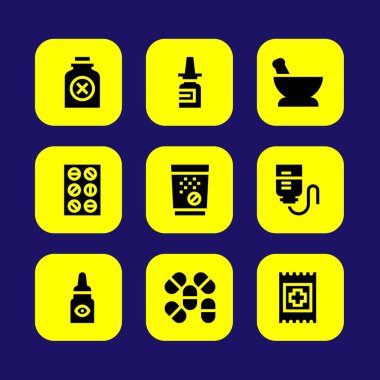 Tıp vektör Icon set. harç, yardım grubu, hap ve göz damlası