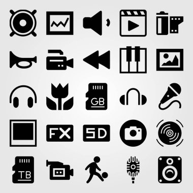 Çoklu ortam simgesini vektör ayarlayın. film oyuncu, fotoğraf, fx ve analytics