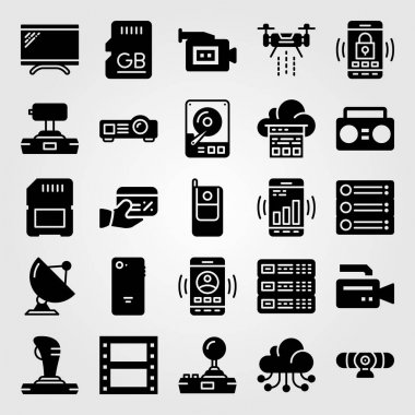 Teknoloji simge vektör ayarlayın. monitör, uydu, webcam ve cep telefonu