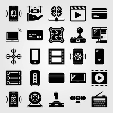 Teknoloji vektör Icon set. dizüstü bilgisayar, yönlendirici, kredi kartı ve radyo