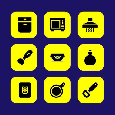 Mutfak vektör Icon set. Mikser, mikrodalga, şişe açacağı ve süzgeç