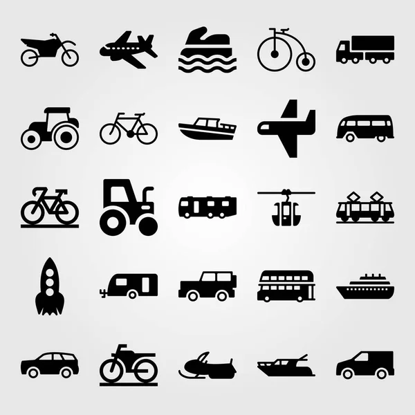 Közlekedési vector icon set. repülőgép, lakókocsi, sport kerékpár- és motorkerékpár — Stock Vector