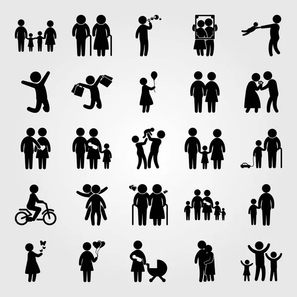 İnsanlar Icon set vektör. veren çiçekler, oynayan çocuk, çocuk Bisiklet ve büyük bir aile binmek adam