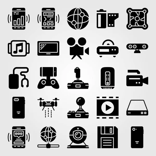 Teknoloji vektör Icon set. oyun kumandası, doskette, radyo ve internet