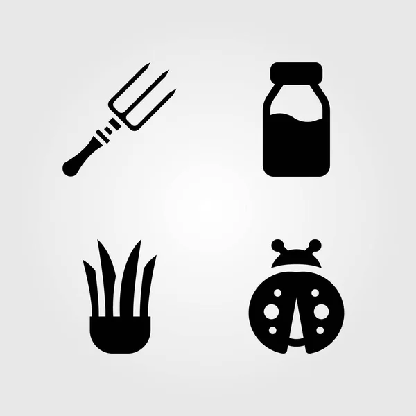 Kerti ikonok beállítása. Vektoros illusztráció villát, a katicabogár, a tej-palack és a növény — Stock Vector