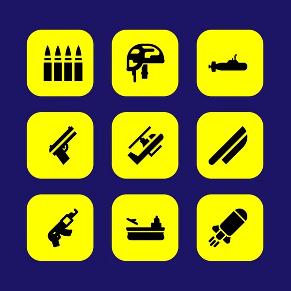 Military vector icon set. submarine, bullets, helicopter and helmet — Stock Vector