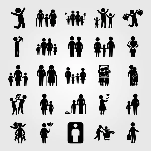 Menschen Icon Set Vektor. Mutter mit zwei Feldern, springendem Mann, Porträt und Kindern — Stockvektor