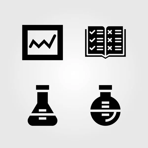 Oktatás ikonok beállítása. Vektoros illusztráció analytics, a lombikot és a nyitott könyv — Stock Vector