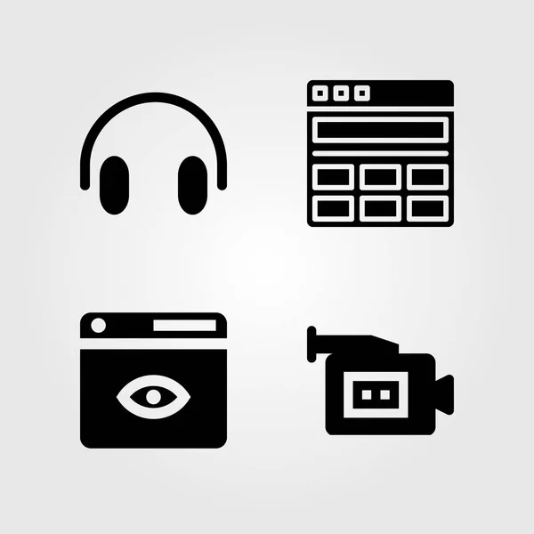 Multimedia icons set. Vector illustration headphones, video camera and browser — Stock Vector