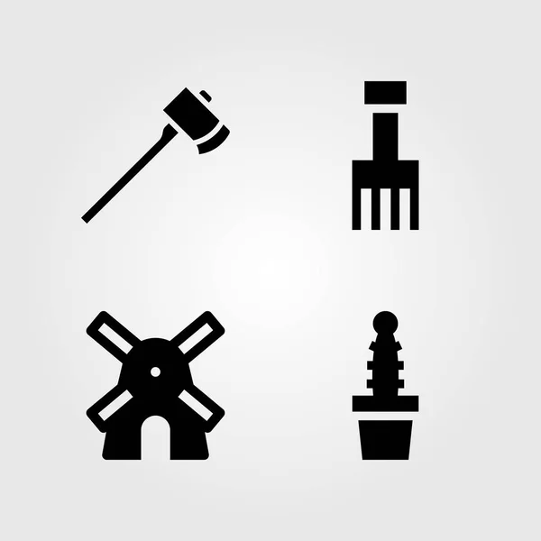 Conjunto de iconos de jardín. Vector ilustración tenedor de jardín, hacha, molino de viento y cactus — Vector de stock
