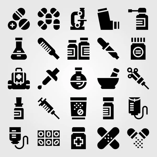 Medische vector icon set. EHBO-kit, Pipet, tabletten en inhalator — Stockvector