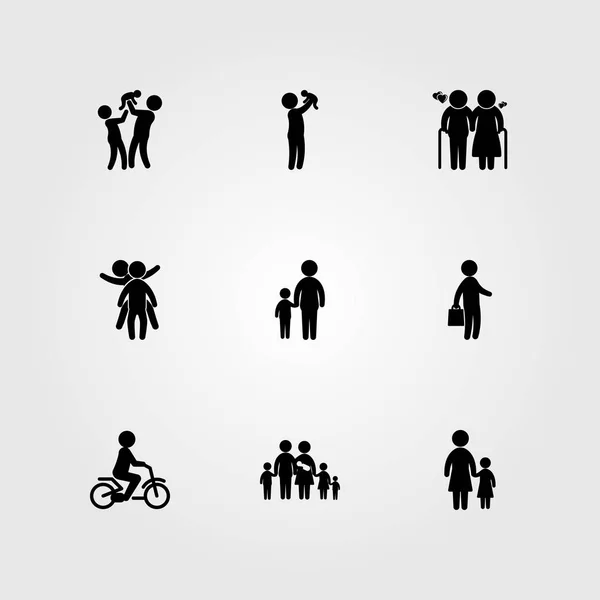 Mens pictogrammenset vector. grote familie, bedrijf, oude man en twee childs spelen — Stockvector