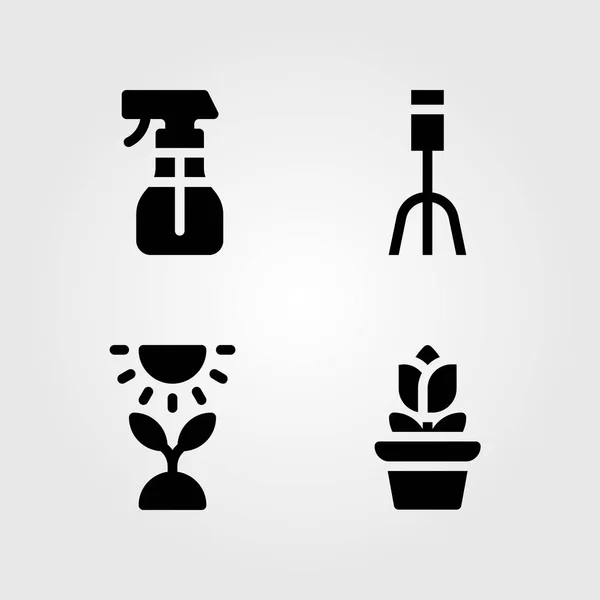 Набор векторных значков домашних растений. солнце, садовая вилка, бутылка с розой и брызгами — стоковый вектор