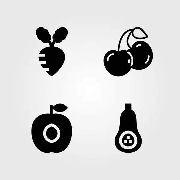 Frutas Verduras vector icono conjunto. nabo, cerezas, cereza y albaricoque — Vector de stock