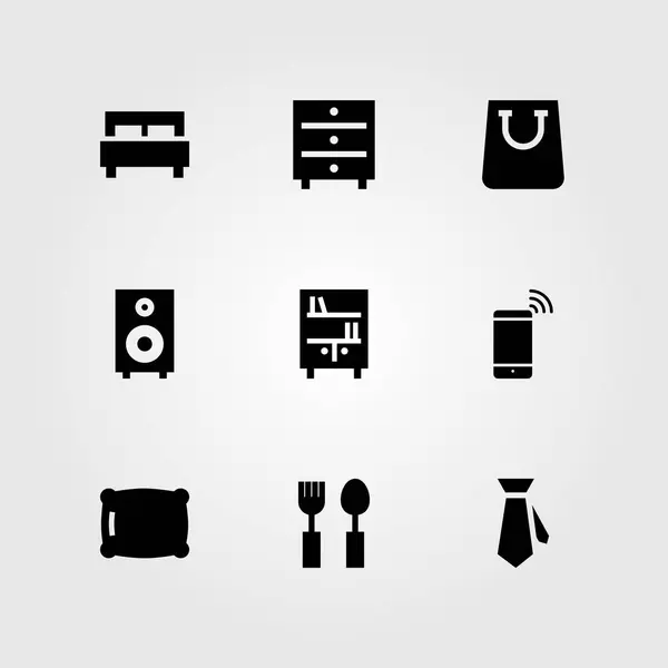 Conjunto de iconos de vector de compras. smartphone, estantería, cama y almohada — Archivo Imágenes Vectoriales