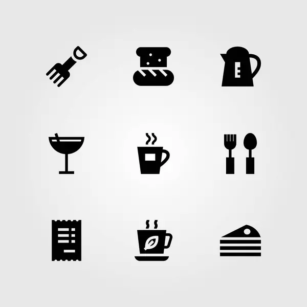 餐厅矢量图标集。叉子、鸡尾酒、面包和咖啡杯 — 图库矢量图片