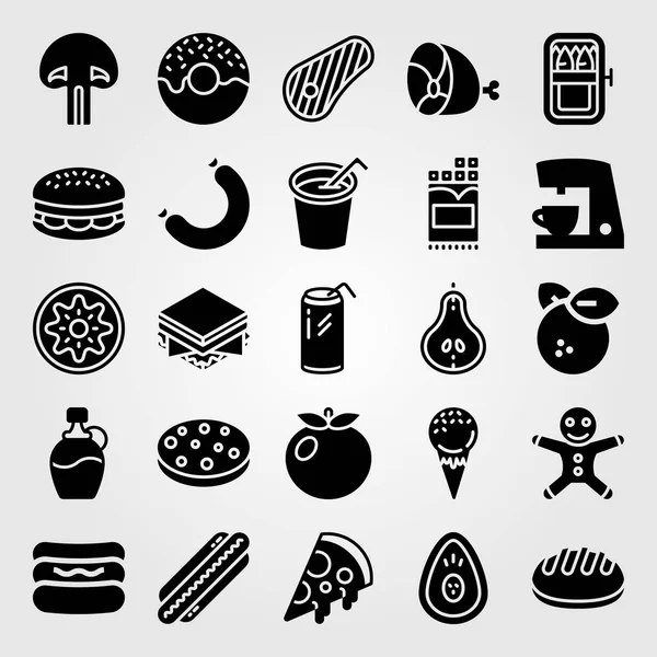 Alimentos y bebidas vector icono conjunto. cafetera, kiwi, carne y hamburguesa — Vector de stock