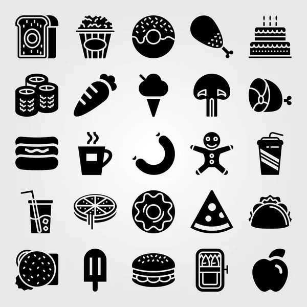 Jídlo a nápoje vektor sadu ikon. Burger, dort, sishi a popcorn — Stockový vektor