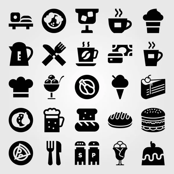 Restauracja wektor zestaw ikon. kawałek ciasta, chleb, filiżanki kawy i owoce — Wektor stockowy