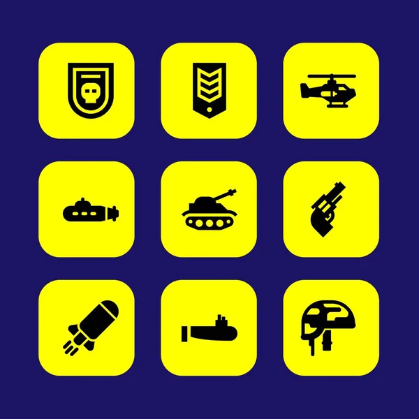 Weapon vector icon set. helicopter, tank, submarine and bomb — Stock Vector