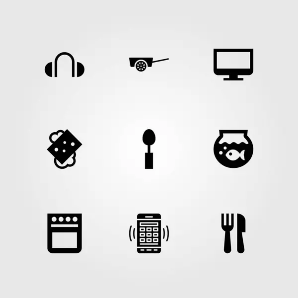 Conjunto de iconos de vector de compras. jabón, horno, cuchara y monitor — Archivo Imágenes Vectoriales