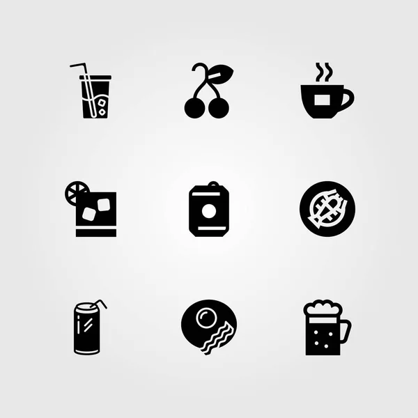 Essen und Getränke Vektor Icon Set. Frühstück, Cocktail, Kaffeetasse und Glas — Stockvektor