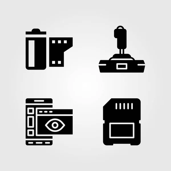 Набор иконок технологии. Векторная иллюстрация смартфон, рулон пленки, джойстик и SD-карта — стоковый вектор
