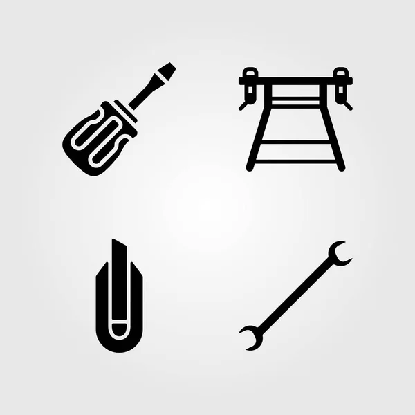 Herramientas conjunto de iconos. Destornillador de ilustración vectorial, llave, cortador y brench de trabajo — Vector de stock