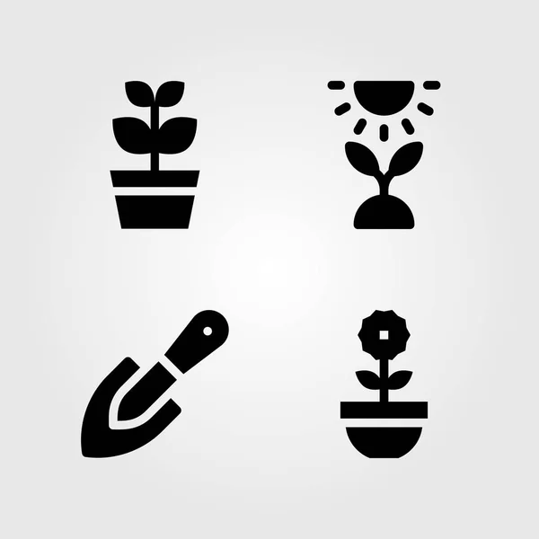 Gartensymbole gesetzt. Vektorillustration Pflanze, Sonne und Schaufel — Stockvektor