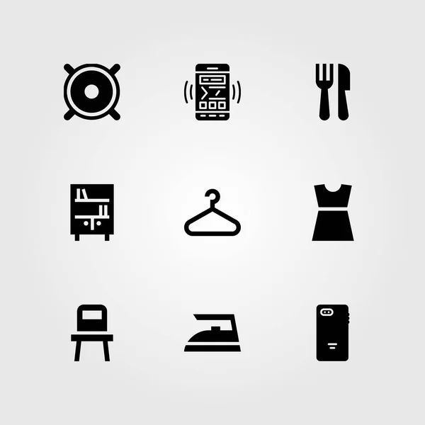 Nákupní vektor sadu ikon. železo, židle, jídelní příbory a bookshelf — Stockový vektor