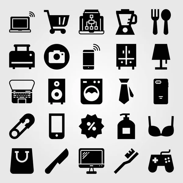 Alışveriş vektör Icon set. dizüstü bilgisayar, alışveriş sepeti, alışveriş çantası ve gamepad — Stok Vektör