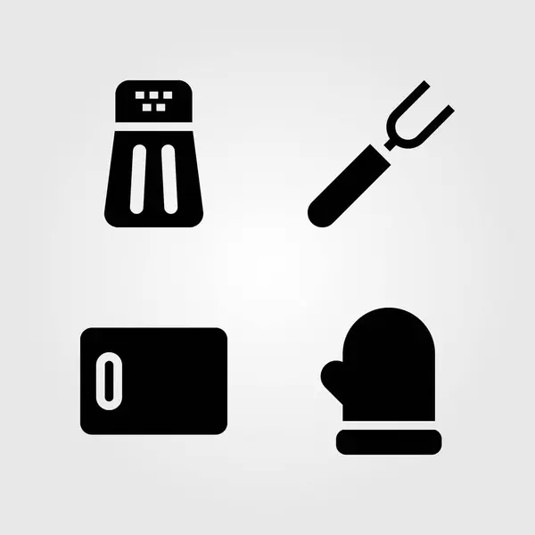 Mutfak vektör Icon set. Çatal, mutfak kurulu, mitten ve biber — Stok Vektör