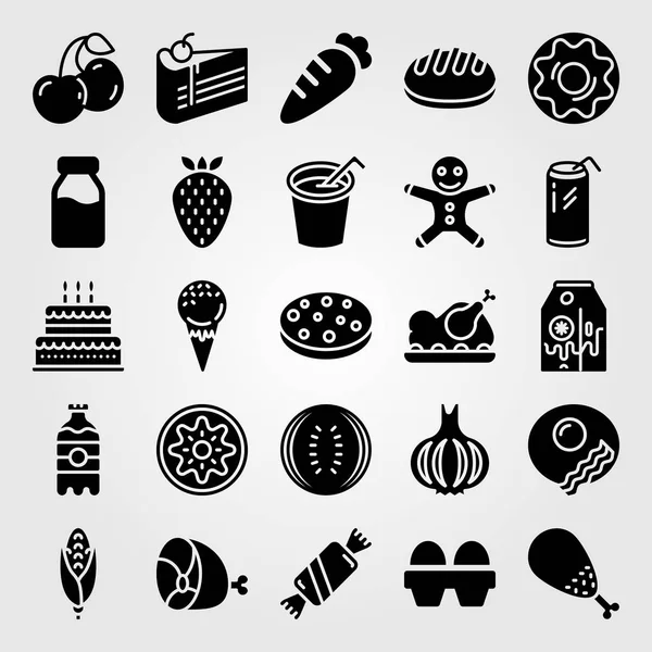 Food And Drinks icon set vector. doughnut, ice cream, soft drink and piece of cake — Stock Vector