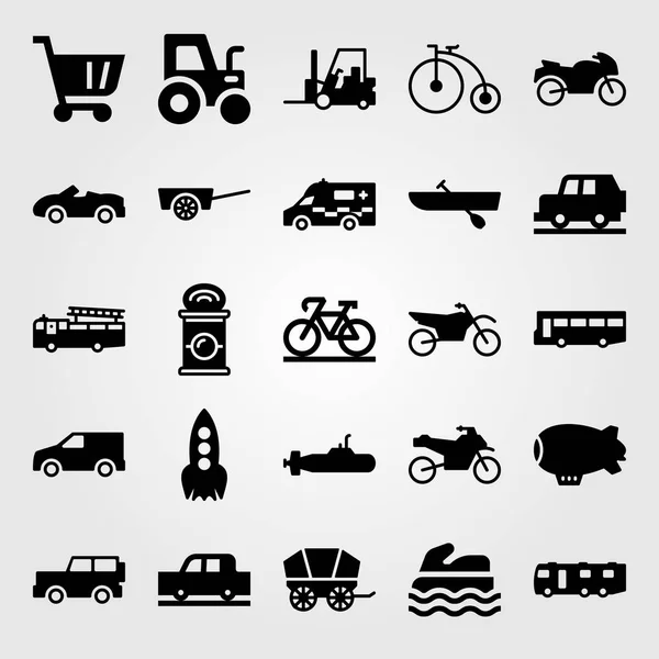 Dopravní vektorové sada ikon. Jeep, moře skútr, motocykl a kombi — Stockový vektor