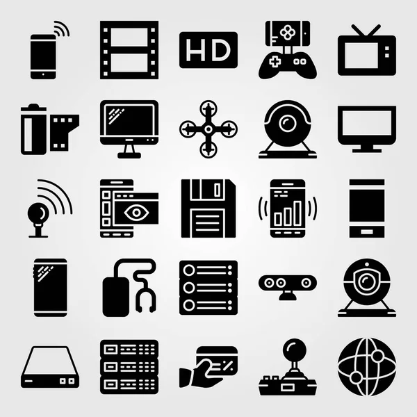Set di icone vettoriali tecnologiche. punto di segnale, hd, rotolo di film e internet Illustrazione Stock