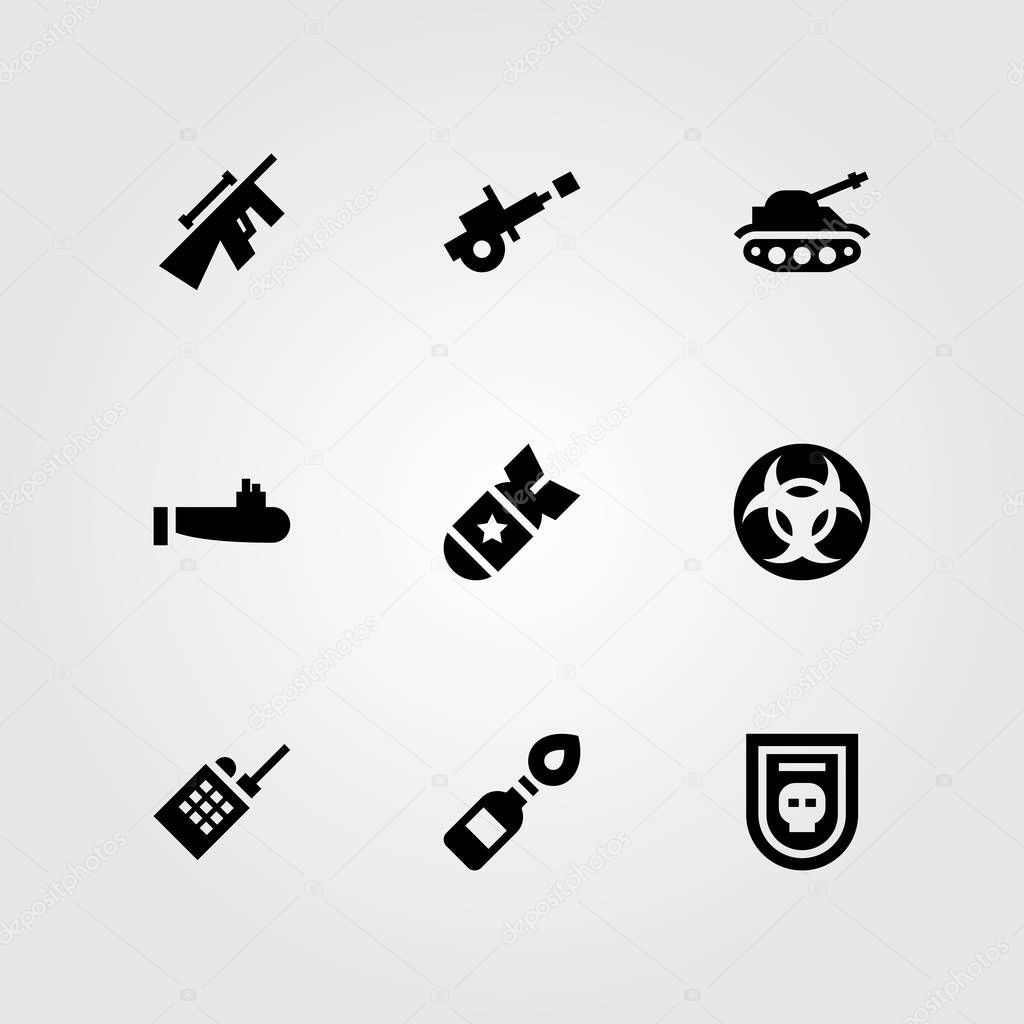 Weapon vector icon set. cannon, biohazard, bomb and bagde