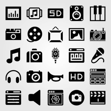 Multimedya vektör Icon set. fotoğraf makinesi, çerçeve, sessiz ve mikrofon