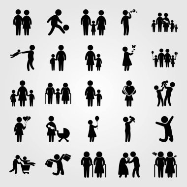 İnsanlar Icon set vektör. Büyükbaba, baba ile bebek, sevgi ve oynayan çocuk