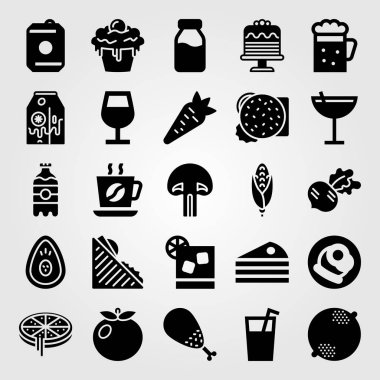 Yiyecek ve içecekler Icon set vektör. turp, kahve, burger ve tavuk bacak