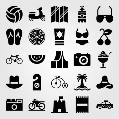 Yaz aylarında vektör Icon set. fotoğraf makinesi, içki, Bisiklet ve taksi