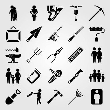 Araçlar simgesi vektör ayarlayın. kürek, baba, oğul ve insan