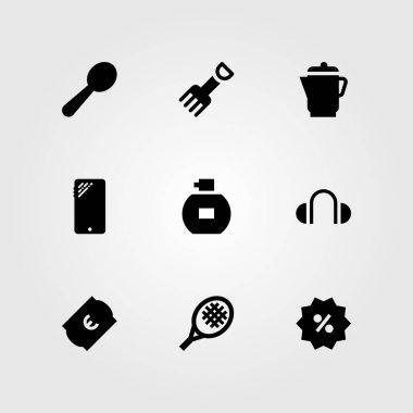 Alışveriş vektör Icon set. Tenis raketi, su ısıtıcısı, kaşık ve yüzdesi