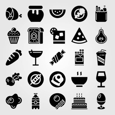 Yiyecek ve içecekler Icon set vektör. etli börek, jambon, et ve doğum günü pastası